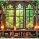 7x5ft Fabric Vintage Wooden Bookshelf Backdrop Retro Library Window Green Forest Candle Photography Background Indoor School Decorations Photo Booth Props