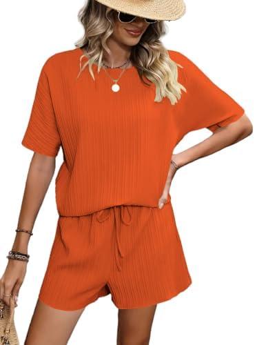 BeadChica Womens Two Piece Lounge Sets Casual Tshirt Tops Drawstring Biker Shorts Tracksuit Workout Jogger Sets ,Medium