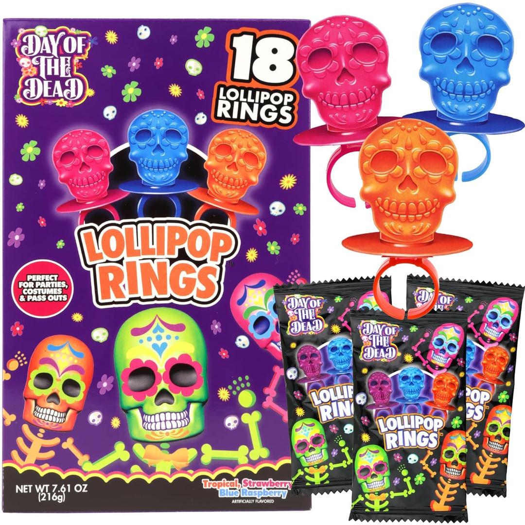 3 x Halloween Day of the Dead Sugar Skull Lollipop Rings, Dia De Los Muertos Individually Wrapped Candy, Box of 18 (EXP 10/15/25)