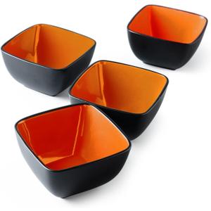 AmorArc 32oz Square Cereal Soup Bowls, Stoneware Bowls Set of 4 for Kitchen, Large Bowls for Cereal,Soup,Salad,Meal, Microwave & Dishwasher Safe-Orange Inside