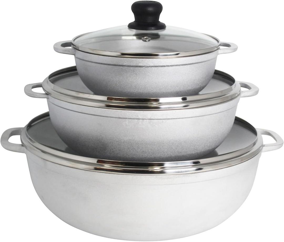IMUSA Colombian 3 Piece Caldero Set with Glass Lids, Cast Aluminum Dutch Oven Pots, 1.5Qt 3.5Qt and 7Qt Traditional Hispanic Cookware for Rice, Beans, Soups, Stews, and Braised Meals