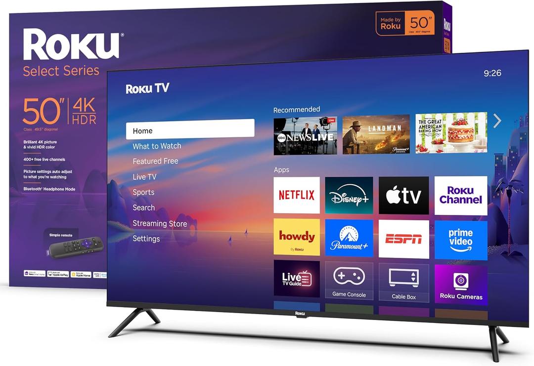 Roku Smart TV 50-Inch Select Series, 4K HDR TV Roku TV with Roku Remote Flat Screen LED Television with Wi-Fi for Streaming Live Local News, Sports, Family Entertainment