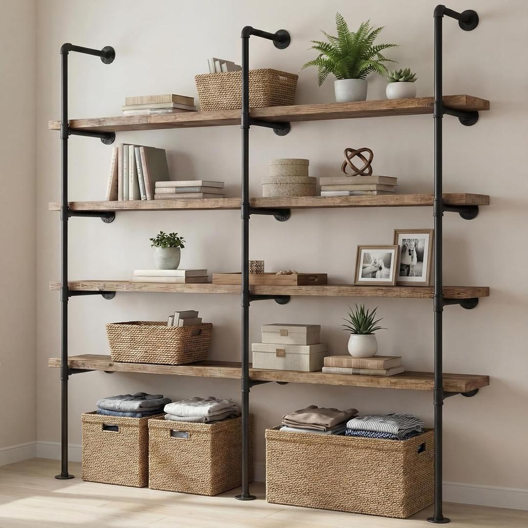 Cinnvoice 3 Pcs 5 Tier Industrial Iron Pipe Shelving Wall Mount Vintage Retro Ceiling Hung Shelf DIY Open Bookshelf Ladder Shelves for Office Living Room, 77" Tall 14" Deep (No Wood Planks Included)