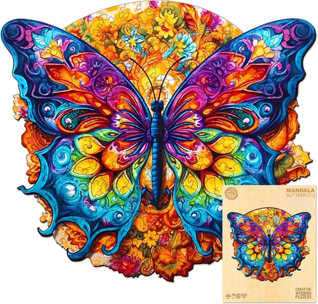 Wooden Puzzles for Adults, 300 Pieces Adult Puzzles, Unique Mandala Butterfly Puzzles Gifts for Cat Lover, Wooden Puzzle Games (L-15.7 * 14.1in)