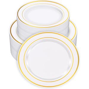 Zcaukya 100PCS Gold Plastic Plates, Disposable Plastic Dishes with Gold Rim in Bulk, 50 Pcs Each 10.25 Inch and 7.5 Inch for Dinner, Birthday and Wedding