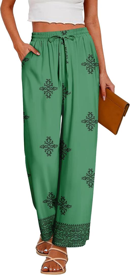CRAZY GRID Women's Boho Wide Leg Pants Summer, Carving Green, L | Side Pocket Trousers,Stretchy Waistband,Soft Lounge Wear,Cool Breezy Material,Loose Fit,Palazzo Style,Spring Casual (L)