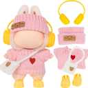 Clothes for LABUBU Doll (NO Doll) - Pink Knit 5-Piece Outfit 17cm Doll Clothes Accessories with Mini Hat, Ear Muffs, Shoes, Bag for 6.7 Inch Dolls Doll Clothing