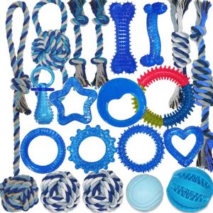 Puppy Chew Toys for Teething and Fun, 20 Pack Dog Toys for Small Puppies Bulk with Various Rubber Rings, Ropes and Balls for Interactive Play, Teeth Cleaning & Relief (Blue)