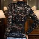 METWAY Women's Lace Long Sleeve Top Sheer Mesh Undershirt Blouse Sexy Floral See Through V Neck Lace Layering Tee Shirt (Medium, Crew Black)