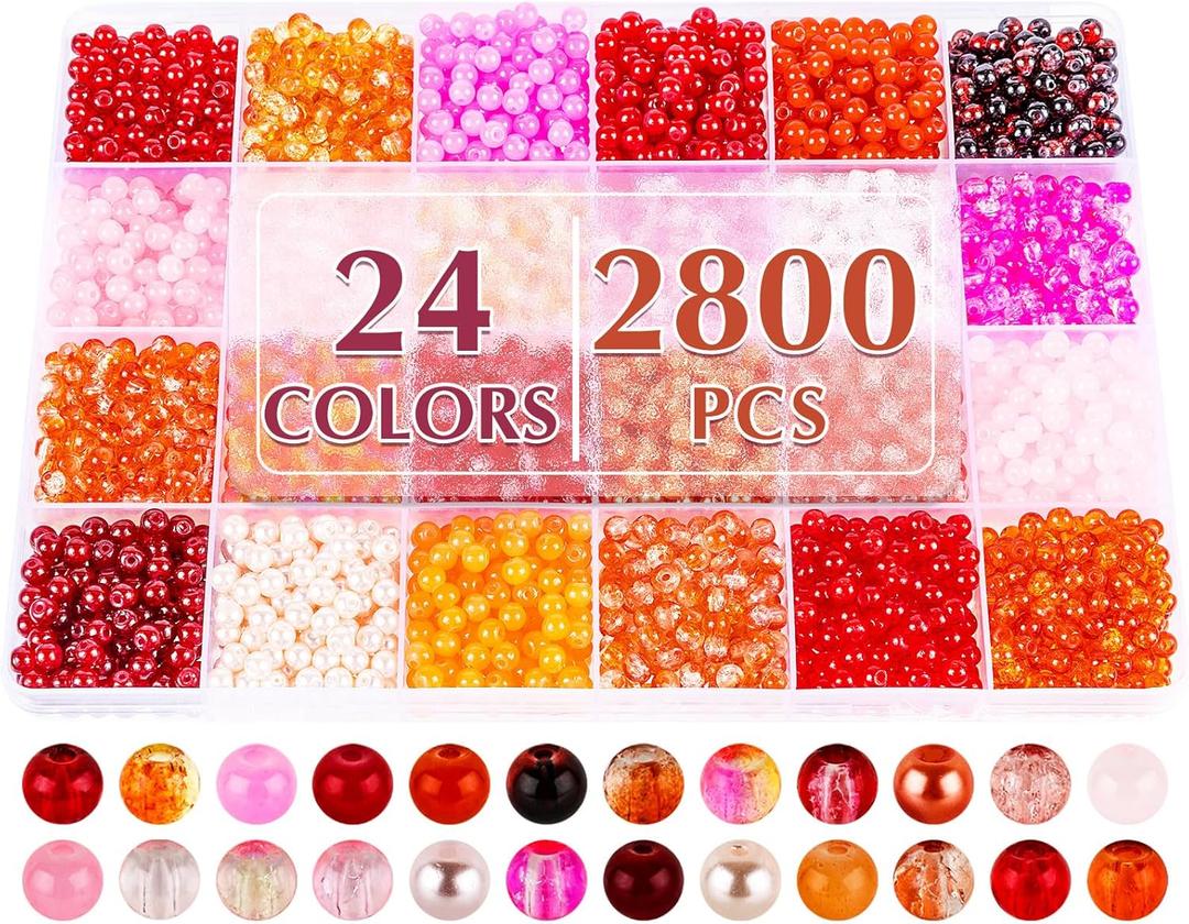 XSEINO About 2800 PCS 4mm Glass Beads Bracelet Making Kit,24 Assorted Red Elegant Series Colorful Crystal Beads for Bracelet and Jewelry Making and DIY Crafts, Friendship Bracelets (Red Pink Series)