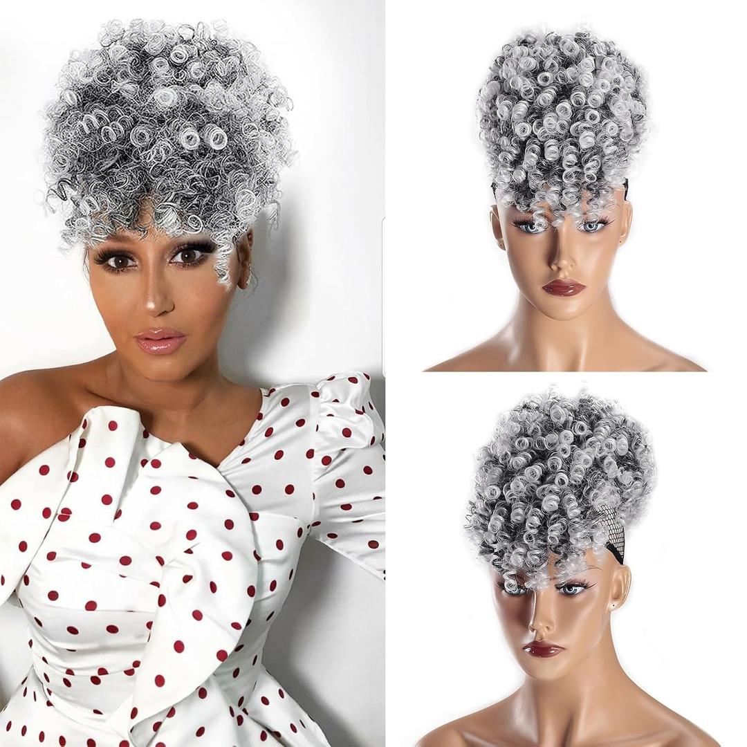 Gray Afro Puff Drawstring Ponytail with Curly Hair Pieces Clip in Bangs Short Ponytail Hair Extensions drawstring ponytail for Black Women, T1B/Gray
