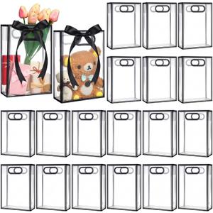 Dunzoom 20 Pcs Clear Plastic Gift Bag with Die Cut Handle Reusable PP Favor Bag for Wedding Bridal Birthday Baby Shower Graduation Mother's Day Party Supplies(10.2 x 7.1 x 3.2'',Black Trim)