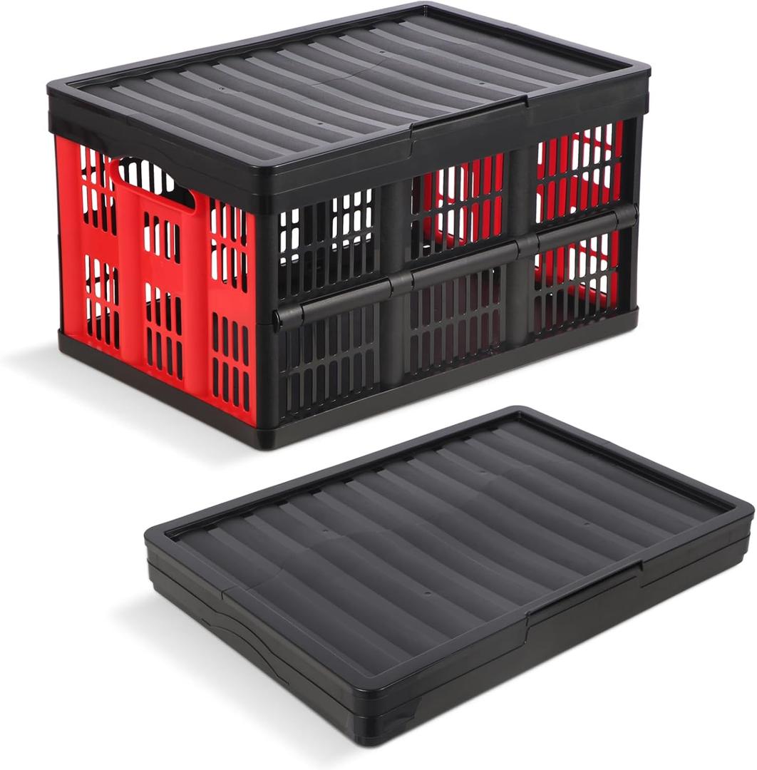 45L Collapsible Crate with Lid, Heavy Duty Collapsible Milk Crate, Plastic Crates for Storage Foldable for Home Camping Organizing