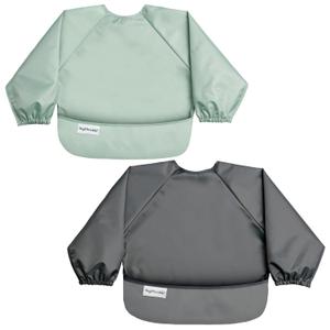 Tiny Twinkle Long Sleeve Bib for Babies & Toddlers | 2-Pack Waterproof Smock Bib for Eating | Machine Washable & Mess-Proof Feeding Essentials | Newborn Shower Gift (Sage Charcoal,2-4Y)