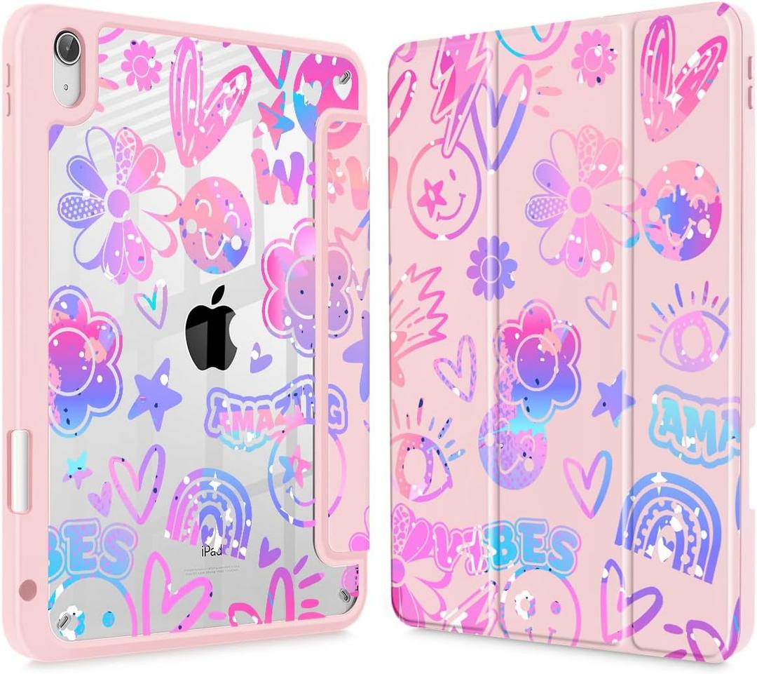 Tuiklol Case for iPad 11 inch (A16 Chip) 2025 Gen 11th / iPad 10.9 inch 2022 10th Gen, Buit in Pencil Holder with Shockproof Cover Clear Transparent Back Shell Auto Wake/Sleep, Fun Emotions Pink