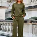 Glamaker Womens Lounge Two Piece Outfits Airport Casual Travel Crew Neck Sets Long Sleeve Tops & Wide Pants 2025 Trendy (Green, XXL)