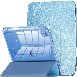 INFILAND Compatible with iPad A16 11th Generation 11 Inch 2025 Case, iPad Case 10th Generation 10.9 Inch, Glitter Cover with Sparkly Clear Back, Pencil Holder, for Kids Girls (Blue)