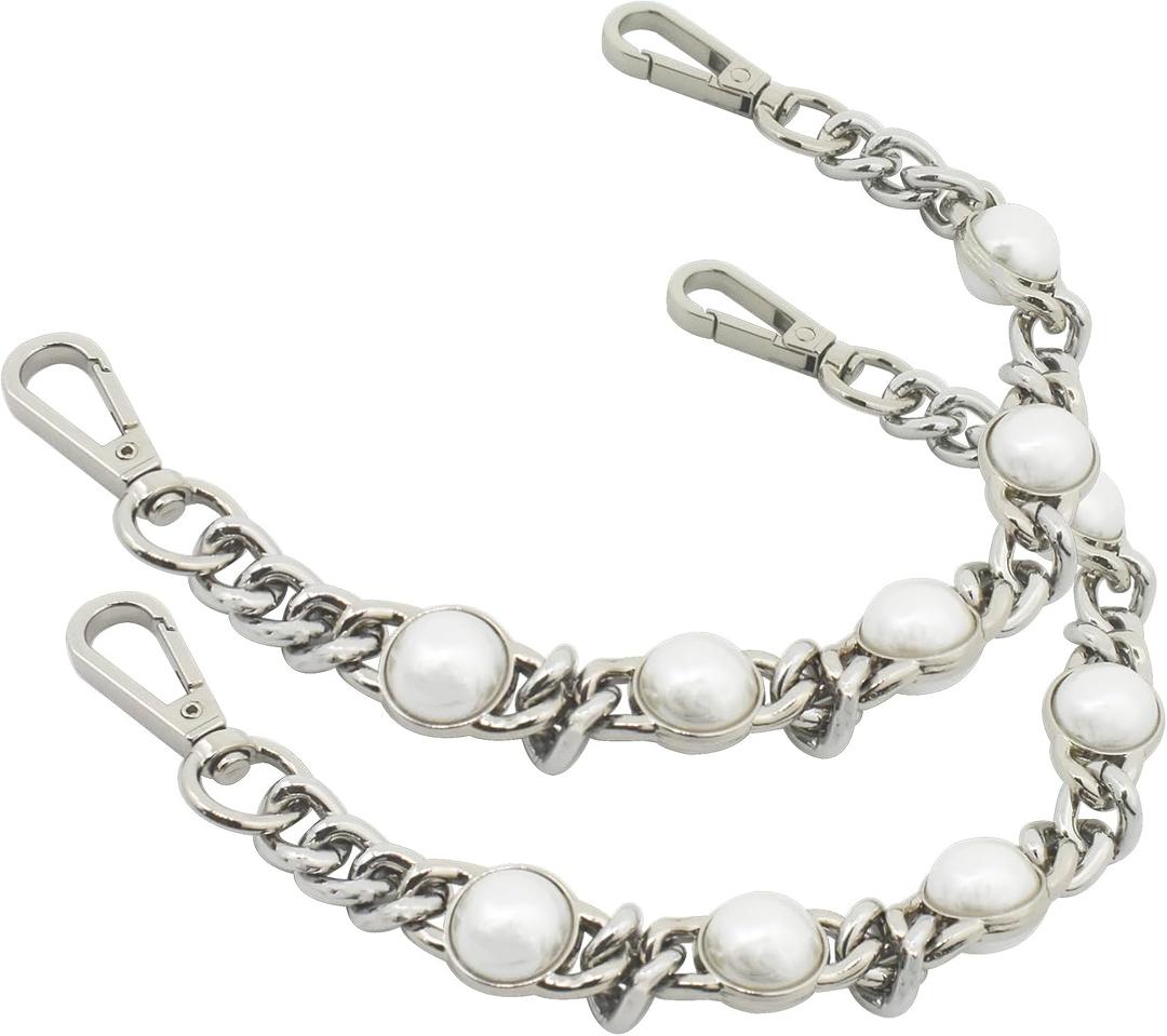 Bytiyar 12" Purse Chain Short Strap Extender Replacement Bag Attachment and Accessories, Silver Twist Chain with White Beads (2Pcs)
