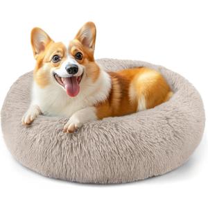 28in Large Dog Bed, Medium Size Dog and Cats, Calming Donut Bed for Puppy and Kitten, Washable Round Fluffy Pet Bed (Brown)