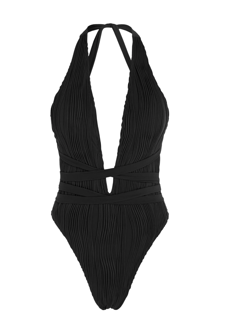 ZAFUL Women Plunging One Piece Swimsuit Backless Cross Tie High Cut Thong One-Piece Bathing Suit S