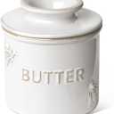 LE TAUCI Butter Crock, Butter Dish with Lid, Butter Container for Counter with Water Line, Embossed French Butter Keeper for Spreadable Butter, Suit For Housewarming - Set of 1, Arctic White