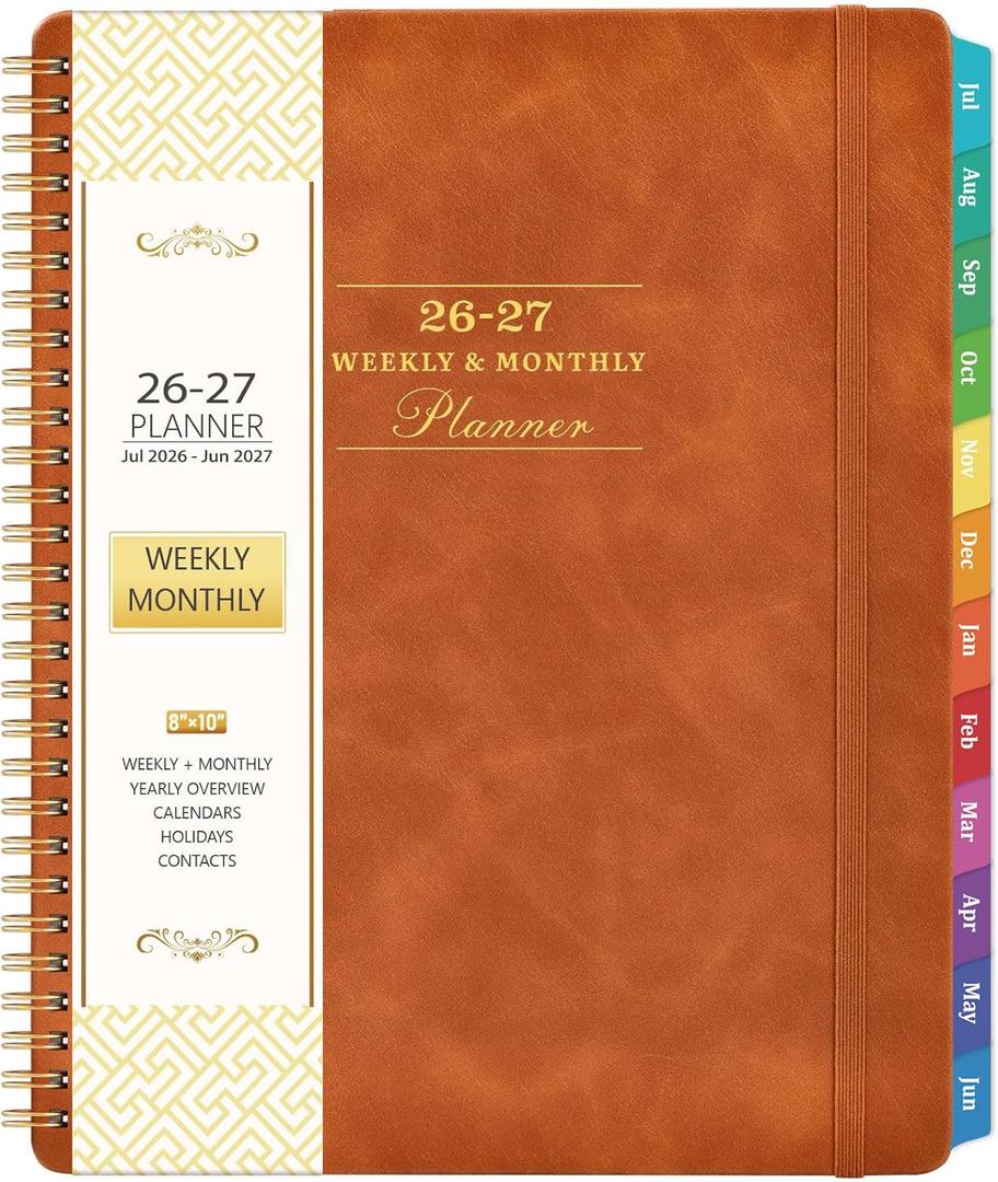 Planner 2026-2027 - July 2026 - June 2027, 2026-2027 Academic Weekly Monthly Planner, 8" x 10", Leather Brown Cover, Spiral Bound, Tabs
