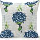 POMOTER Blue Flower White Check Throw Pillow Cover,Traditional Checkered Decorative Pillow Cases Cotton Linen Square Cushion Covers for Sofa Couch,20"x20"
