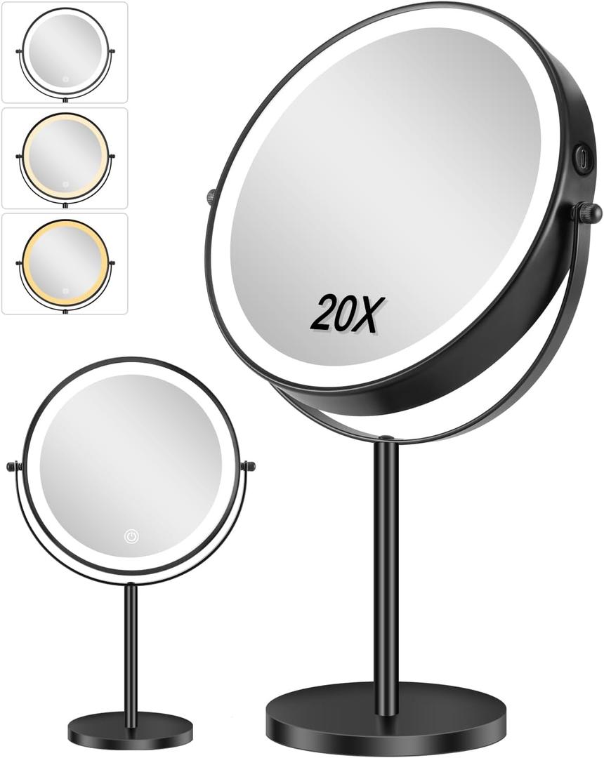 Lighted Makeup Mirror, 20X/1X Magnifying Mirror with 3 Color Light, 9 Inch Rechargeable Makeup Mirror with Lights and Magnification, Brightness Adjustable, 360 Rotation Vanity, Gift for Women