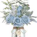Faux Flowers with Vase,Artificial Silk Roses in Vase, Fake Plant Eucalyptus Flower Arrangement for Home Office Farmhouse Bathroom Dining Table Centerpiece Decorations Coffee Table Decor (Dusty Blue)