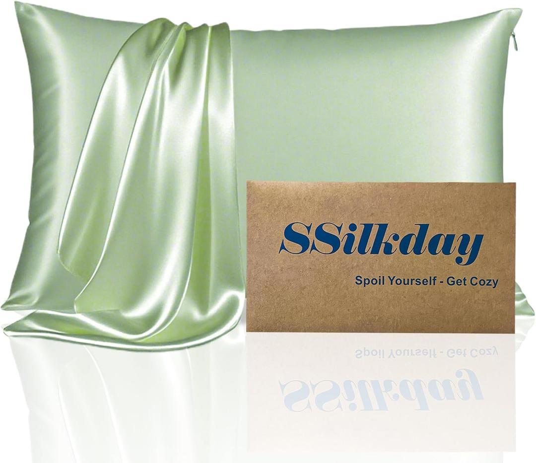 2 x Mulberry Silk Pillow Cases with Zipper, Ultra Smooth Soft Breathable Cooling Pillow Cases for Hot Sleepers, Silk Satin Pillowcase for Hair and Skin, Gifts for Women (Sage Green, Standard Size, 1 Pack) (Standard - 2026 Inch)