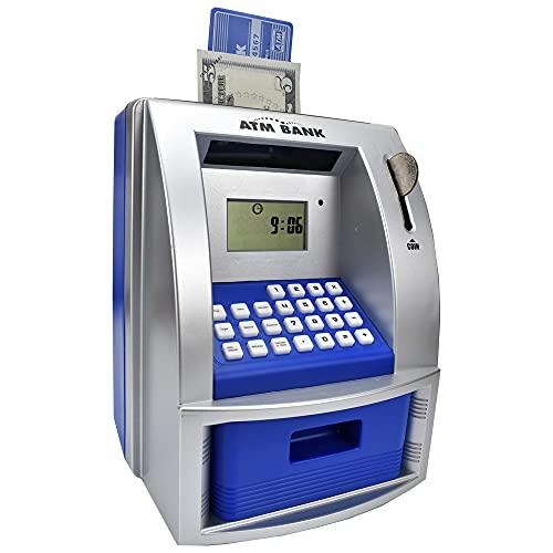 Toy Talking ATM Bank ATM Machine Savings Bank for Kids –Works like a Real one- Deposit, Withdraw, Debit Card, Saving Target, Timer and Clock - Blue
