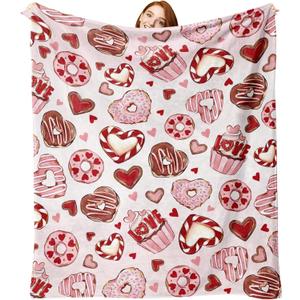 Valentines Day Dessert Flannel Throw Blanket, Pink Love Heart Cupcake Donut Anniversary Wedding Birthday Gifts for Women Girlfriend Wife Lover, Romantic Soft Blankets for Bedding Sofa 50" x 60"