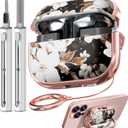 Inesore with Safety Lock for Samsung Galaxy Bud Pro 3 Case/Galaxy Buds 3 Cases with Cleaner Kit and Keychain, Cute Floral Buds Pro 3 Case Cover for Women Girly - Black Gold Flower