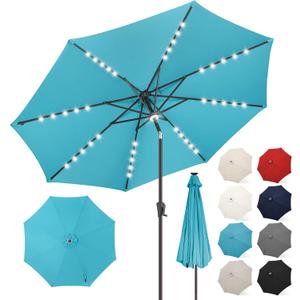FLAME&SHADE 11 FT Solar Light Patio Umbrella, 40 LED Lights Outdoor Umbrella with Centre Surround Light, Table Market Umbrella for Deck, Pool, Porch, Backyard, Garden, UV Protection, Aqua Blue