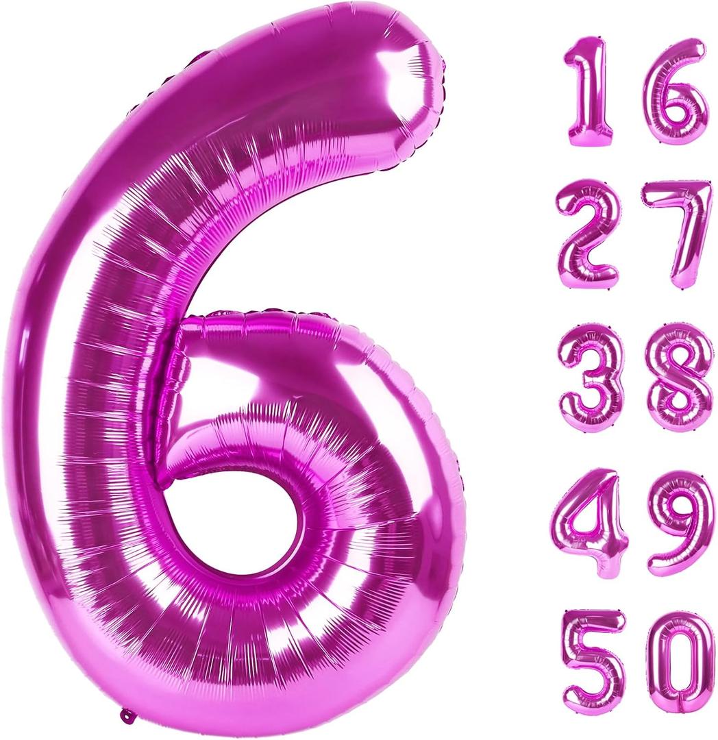 2 x 40 Inch Rose Purple Large Balloon Number 6 Balloon,Jumbo Mylar Foil Helium Balloon for 6 16 26 36 45 56 Birthday Digital Balloons for Birthday Party,Wedding Anniversary Party Decorations