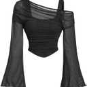 BEAUDRM Women's Y2K Off The Shoulder Tops Long Bell Sleeve Mesh Shirt Ruched Crop Top Rave Clubwear (Medium, Black)