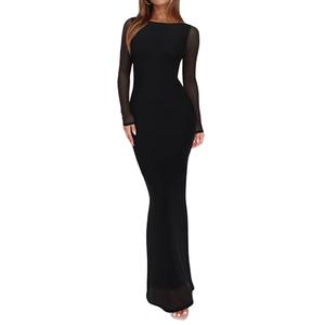 REORIA Women's Spring Mesh Sheer Long Sleeve Wedding Guest Dress Sexy Floral Bodycon Maxi Long Dresses Black Onyx Small