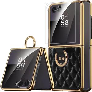 Miimall for Samsung Flip 7 Case with Screen Protector & Ring, Shockproof Women Drop Proof Non Slip Hard Thin Rugged Full Body Heavy Duty Dustproof Cover Case for Galaxy Z Flip 7 2025 Cover, Black