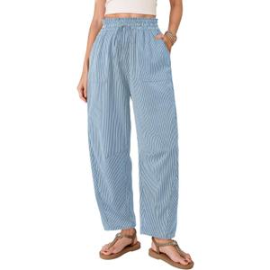 Dokotoo Women's Striped Barrel Casual Pants High Waisted 2026 Elastic Drawstring Trousers, Size L