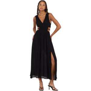 Forever 21 Women's Sleeveless Plunging V-Neck Maxi Dress with 2 Elastic Cutouts at the Side and Side Slit, Black, M (Black, M)