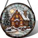 Stained Glass Window Hanging - Christmas Tree Cottage Sun Catcher for Door Garden Home Winter Decor Snowy Night Suncatcher Mother's Day Birthday Gifts for Women Men Mom Nana 15 in