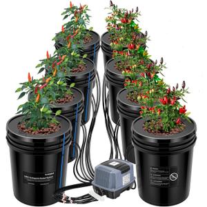 VIVOSUN DWC Hydroponics Grow System with Top Drip Kit, 5-Gallon Deep Water Culture, Recirculating Drip Garden System with Multi-Purpose Air Hose, Air Pump, and Air Stone (8 Buckets + Top Drip Kit)