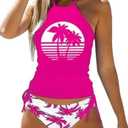 Women's Funny Graphic Drawstring Halter Two Piece Tankini Set Summer Swimwear Beach Vacation Swimsuits (Pink, L)