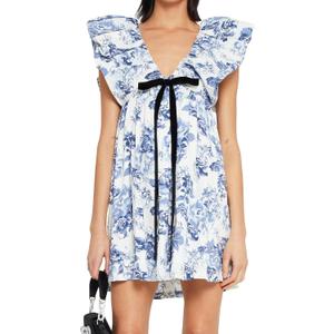 3 x Women's Floral Bow V Neck Babydoll Mini Dress Flower Print Puffy Sleeve Boho Short Casual Loose Flowy Dresses (Blue, S)