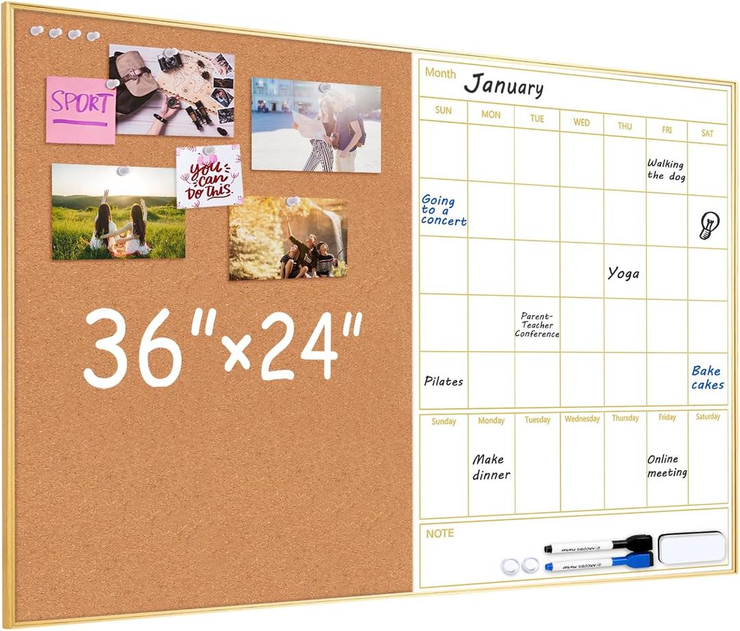 Dry Erase Calendar with Cork Board
36"x24" Magnetic White Board Calendar Dry Erase for Wall, Gold Frame Combination Board for Office, Home, School