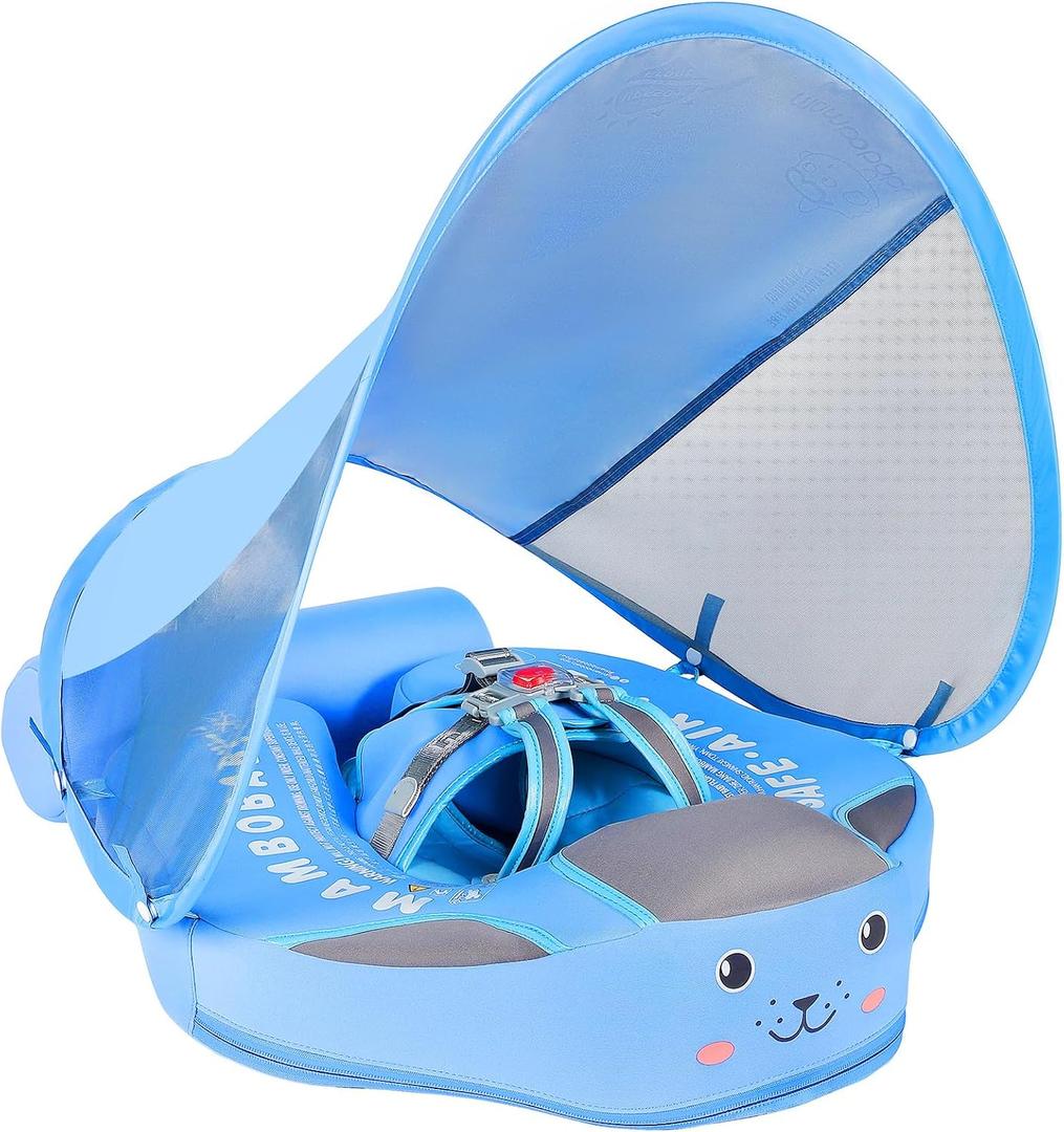 Mambobaby Non-Inflatable Baby Pool Float with Tail and Canopy UPF 50+ Sun Protection No Flip Over Infant Swim Float Skin-Friendly Mambo Float Swim Trainer Solid Baby Swimming Ring, adjustable