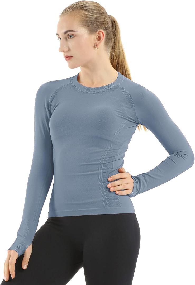 MathCat Seamless Workout Shirts for Women Long Sleeve Yoga Tops Sports Running Shirt Breathable Athletic Top Slim Fit (Medium, Blue Grey)