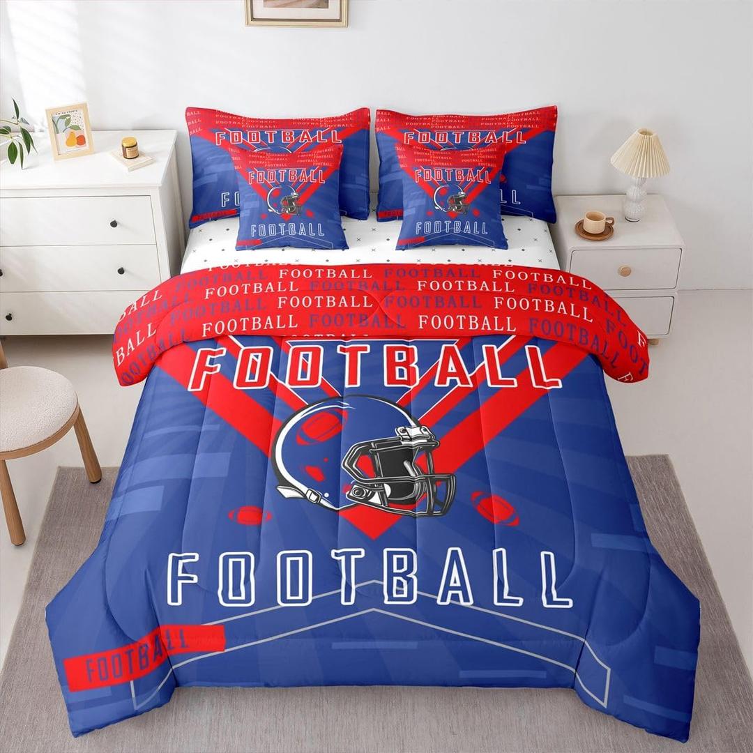 Feelyou Football 7 Pieces Comforter Sets Twin Size Rugby Sports Bedding Set for All Season Football City Bed in a Bag with Comforter, Sheets, Pillowcases & Cushion Cover (Red Blue)