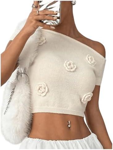 MakeMeChic Women's 3D Flower One Shoulder Sweater Pullovers Cap Sleeve Knit Crop Tops M