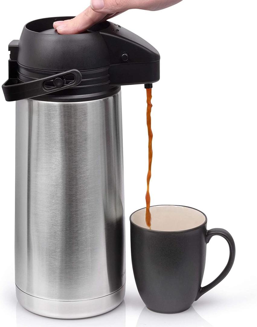 Airpot Coffee Dispenser with Easy Push Button | Stainless Steel | Double-Wall Vacuum Insulated Thermos | Effectively Keeps Beverages Hot or Cold
